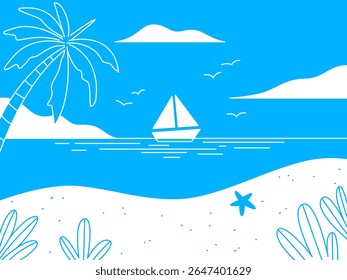 A tranquil seaside scene, a simple line illustration depicting a sunny beach landscape, inviting thoughts of relaxation.