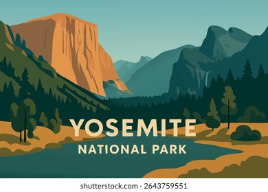A tranquil and serene morning in Yosemite National Park, California, where the rising sun casts a gentle light over the iconic granite cliffs, waterfalls, and peaceful meadows