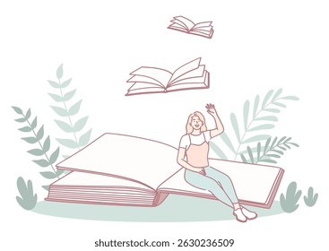 A tranquil and serene scene showcasing a young woman deeply engaged in reading on a giant book, embraced by nature