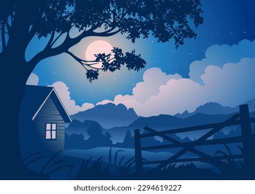 Tranquil silent night in countryside with moonlight