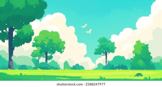 Tranquil summer day in 8-bit pixel art landscape for game design