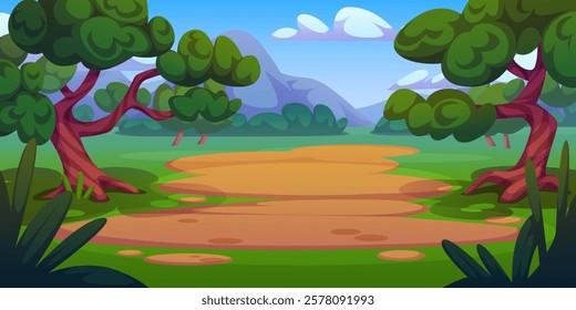 Tranquil summer mountain landscape with patches of bare ground, green meadow, trees with trunks and leafy crowns. Natural scenery with distant mountain peaks, fluffy clouds and lush forest vegetation.