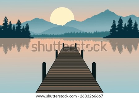 Tranquil Sunset Landscape with Wooden Dock on a Lake, Silhouetted Pine Trees Reflected in Calm Water, and Majestic Mountains Under a Glowing Sun. Peaceful Nature Background Illustration at Dusk
