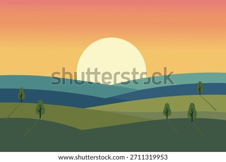 Tranquil Sunset Nature Landscape Illustration