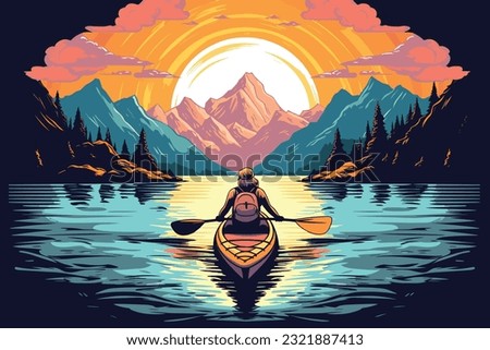 Tranquil sunset over mountains and lake, reflecting beauty of nature and transportation, young woman kayaking in crystal lake illustration for printing, wallpaper design and wall ar