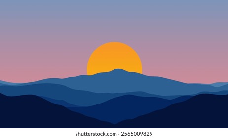 A tranquil sunset scene featuring a vibrant sun descending behind layered mountains. The image showcases a gradient sky transitioning from soft pinks to deep blues.