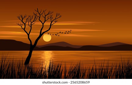 Tranquil sunset scene over the lake with silhouette of a tree and flying birds