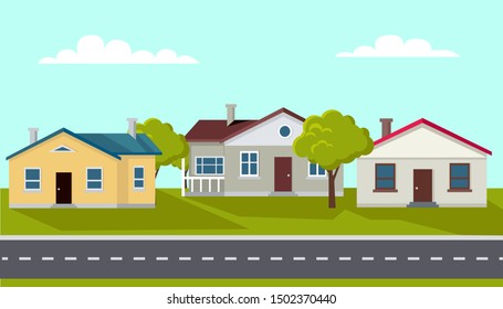 Tranquil town with few buildings, calm city with trees and greenery, nature and lawns by estates. Hometown with relaxing atmosphere. Vector illustration in flat cartoon style