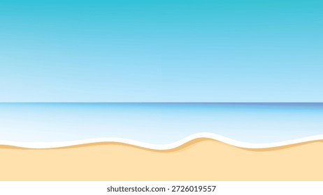 Tranquila cena de praia tropical com o céu azul vibrante, o mar azul-turquesa claro, e a costa arenosa quente com uma linha de horizonte suave e padrões de ondas suaves, ideal para viagens e projetos de natureza serena