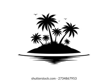 A tranquil tropical island with palm trees and birds, set in a calm ocean with a serene atmosphere, perfect for a relaxing getaway or vacation