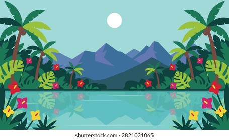 Tranquil tropical lake surrounded by lush green palm trees and exotic colorful flowers under a bright sun.