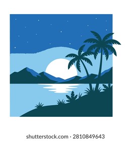 A tranquil tropical night scene featuring a bright full moon over distant mountains, serene water reflections, and silhouetted palm trees under a star filled sky.