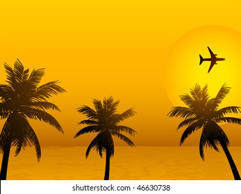 Tranquil tropical scene with plane and palm trees