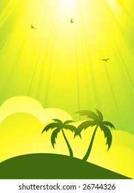 tranquil tropical scene with sun filtering down on clouds and palm trees