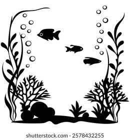 Tranquil Underwater Scene: Fish and Coral Silhouettes,
Deep Sea Elegance: A Minimalist Marine Illustration.