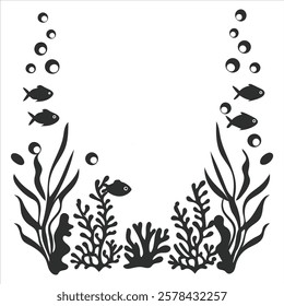 Tranquil Underwater Scene: Fish and Coral Silhouettes,
Deep Sea Elegance: A Minimalist Marine Illustration.