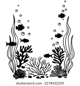 Tranquil Underwater Scene: Fish and Coral Silhouettes,
Deep Sea Elegance: A Minimalist Marine Illustration.