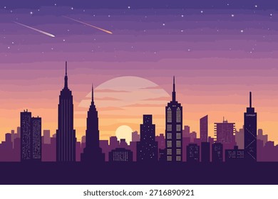 Un horizonte urbano tranquilo al atardecer con altas siluetas de rascacielos contra un cielo de púrpura a naranja, estrellas y rayas de meteoros. Ideal para temas de la vida de la ciudad, la noche, los viajes y el ambiente de ensueño.