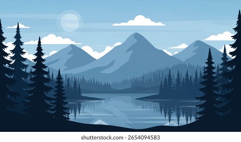 Tranquil Vector Flat Illustration of Monochromatic Blue Mountain Landscape with Reflective Lake, Silhouetted Evergreen Trees, Rounded Peaks, Moon, and Clouds in Peaceful Minimal Style