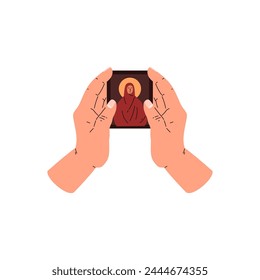 Una Ilustración vectorial tranquila con manos que sostienen una tarjeta de oración con una figura serena, que transmite un sentido de espiritualidad y devoción.