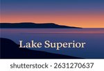 A tranquil vector illustration of Lake Superior’s icy shoreline at sunset, with calm waters and a snow-covered landscape