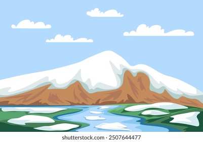 A tranquil vector illustration of a mountain with snow caps, a river winding through the valley below. Ideal for nature, winter, and outdoor-themed designs.