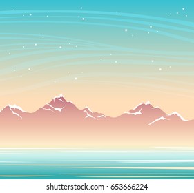 Ruhige Vektorgrafik. Silhouette von Bergen mit Schnee und ruhiger blauer See auf einem Sternenhimmel-Hintergrund. Sommernachtslandschaft. 