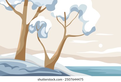 A tranquil vector illustration of snow-covered trees by a body of water, rendered in a flat, minimalist style. Ideal for winter themed designs or nature scenes.