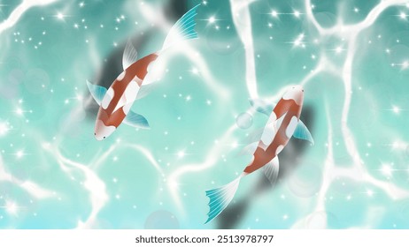 Um vetor tranquilo ilustração de dois peixes koi nadando em água clara com reflexos de luz. Perfeito para temas zen, decoração aquática e projetos pacíficos inspirados na natureza.