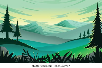 Tranquil vector landscape featuring rolling hills, layered mountain ranges, and tall pine trees under a softly stylized sky. This peaceful nature scene in calming green tones is perfect for background