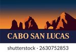  A tranquil vector-style illustration of Cabo San Lucas, capturing its iconic rock formations and luxurious beach resort atmosphere at sunset