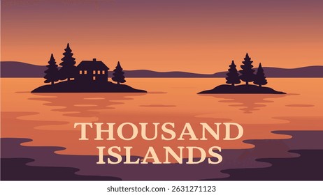 A tranquil vector-style illustration of the Thousand Islands, showcasing serene waterways, lush green islands, and clear blue waters, perfect for boating and relaxation.
