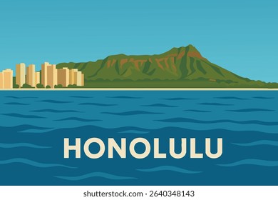 A tranquil view from a boat on the water with Honolulu’s Diamond Head in the background, offering a perfect mix of beach life, vibrant city skyline, and natural beauty.