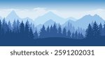 A tranquil view of towering mountains enveloped in blue hues surrounded by lush evergreens under a bright sky. The scene captures the beauty of nature at dawn.