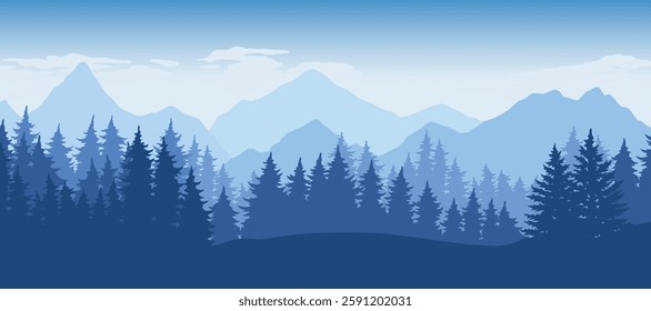 A tranquil view of towering mountains enveloped in blue hues surrounded by lush evergreens under a bright sky. The scene captures the beauty of nature at dawn.