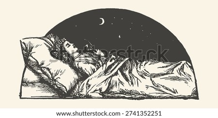 Tranquil Vintage Engraving of a Serene Sleeper Dreaming Under a Starry Night Sky with a Crescent Moon, Evoking Peace and Rest.