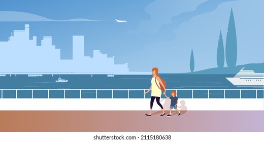 Tranquil walking with a child along the city embankment at summer day. Background vector illustration for landing page mockup or flat design advertising banner.