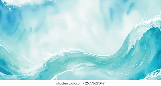 Tranquil Water Wave Background Featuring a Beautiful Watercolor Texture in Soft Shades of Blue and Green, Perfect for Elegant and Calm Ocean-Themed Visual Design Work.

