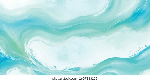 Tranquil Water Wave Background Featuring a Beautiful Watercolor Texture in Soft Shades of Blue and Green, Perfect for Elegant and Calm Ocean-Themed Visual Design Work.
