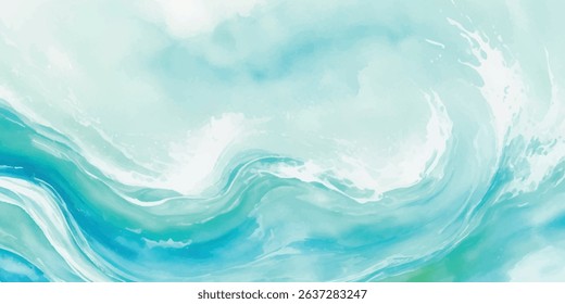 Tranquil Water Wave Background Featuring a Beautiful Watercolor Texture in Soft Shades of Blue and Green, Perfect for Elegant and Calm Ocean-Themed Visual Design Work.
