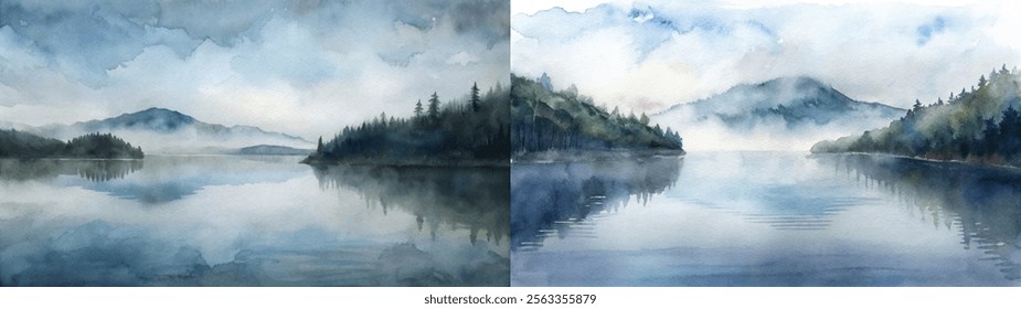 Tranquil watercolor painting featuring misty mountains and reflective waters under a cloudy sky.