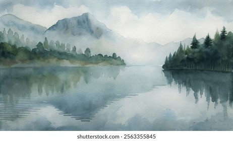 Tranquil watercolor scene of a reflective lake framed by lush trees and misty mountains under a soft sky.