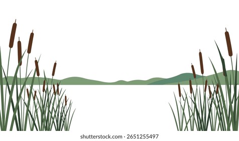Paisagem tranquila à beira-mar com cattails e colinas suaves rolando sob um céu brilhante