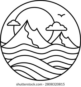 Tranquil Wavescape Coloring Page Featuring Peaceful Ocean Waves and Flowing Nature Patterns for Adults and Kids Printable Line Art Vector Illustration