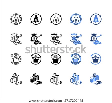 Tranquil, Wealth, Relaxed, Profit multiple style icon set.