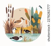 A tranquil wetland with cattails, waterfowl, and hidden channels
