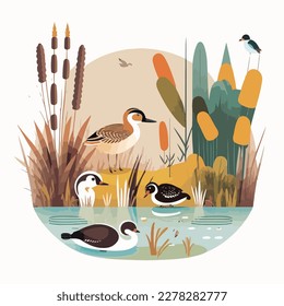 A tranquil wetland with cattails, waterfowl, and hidden channels