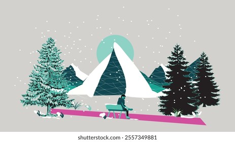 Tranquil winter illustration featuring a scenic view of snow-covered mountains, dense pine trees, and a solitary figure sitting on a bench along a magenta path. futuristic minimal style 