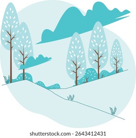 A tranquil winter landscape illustration, featuring stylized trees with frosty white leaves and gentle snow-covered hills under a soft blue sky.
