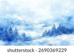 Tranquil winter landscape of snow-covered mountains blanketed in soft white snow watercolor vector background. Frosted evergreen trees peaceful environment. Cool blue tones dominate the scene
